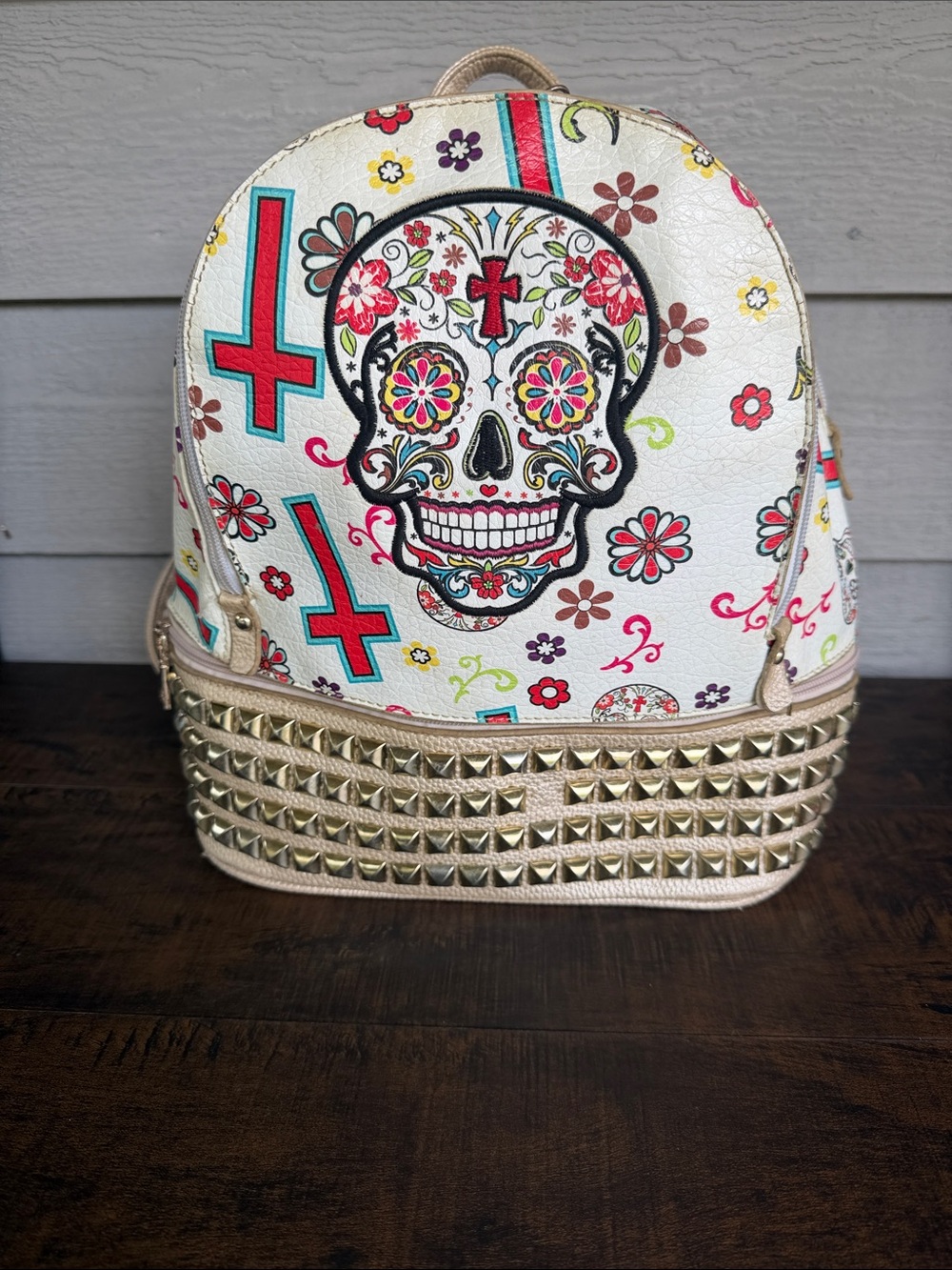 Girls White Sugar Skull Studded Mini Backpack